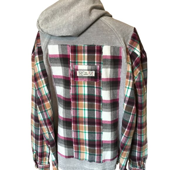Patchwork Hoodie, Plus Size XL-2X: Upcycled Gray Magenta Plaid Boho Jacket - Picture 12 of 15